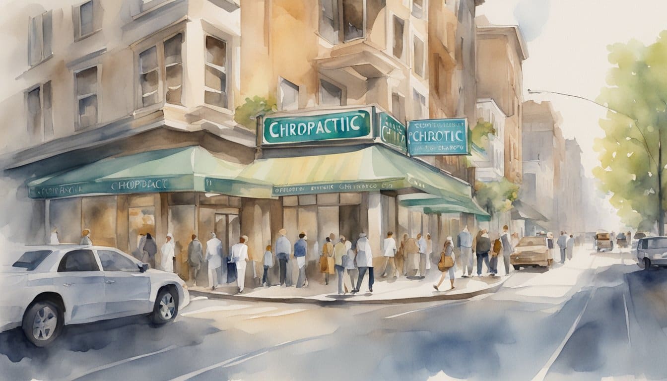 A bustling city street with five prominent chiropractic clinics, each with a distinctive sign and a steady flow of patients entering and exiting