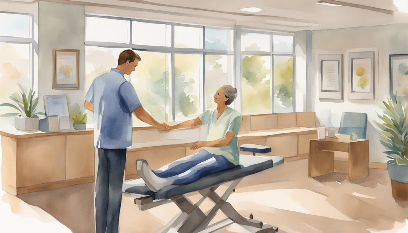 A chiropractor adjusting a patient's spine in a modern clinic with calming decor and natural light. An inviting reception area with friendly staff and informational brochures