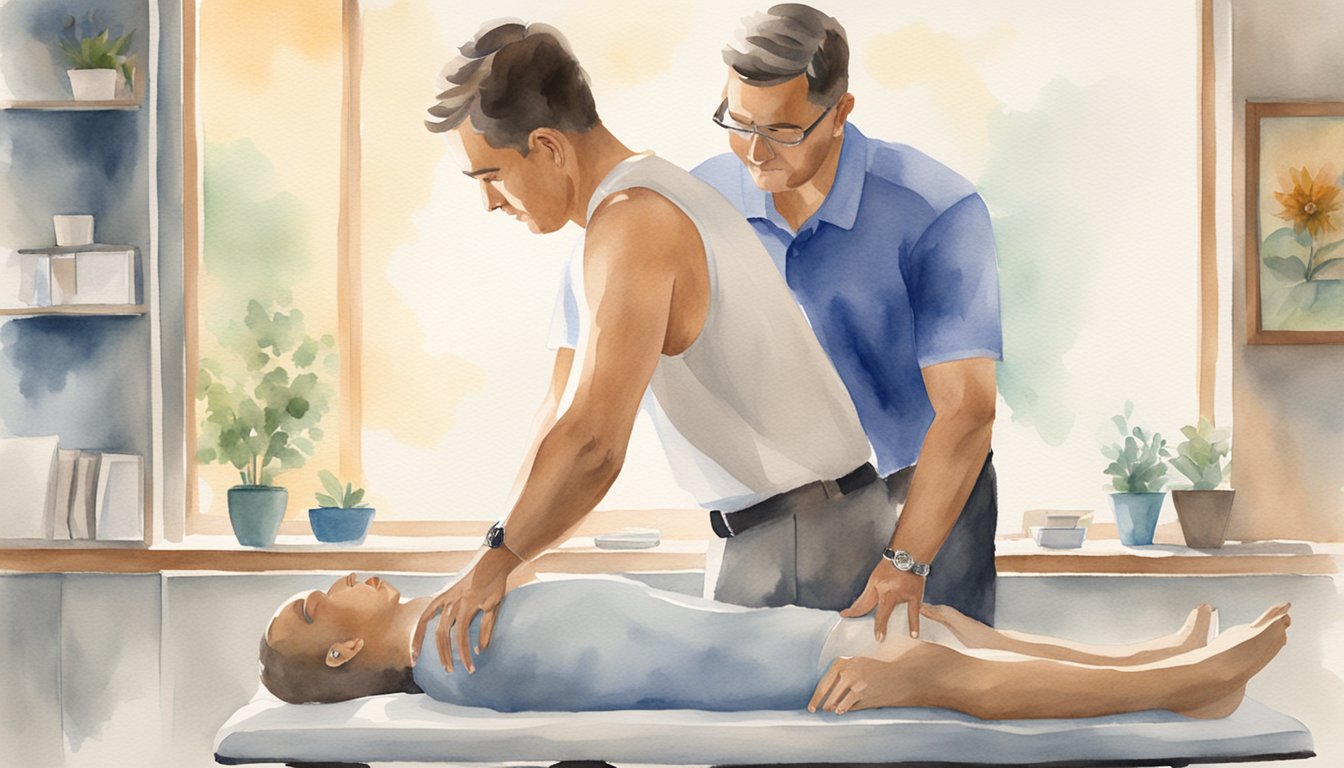 A chiropractor adjusting a patient's spine using manual manipulation. Various techniques such as spinal adjustments, mobilization, and soft tissue therapy are being performed