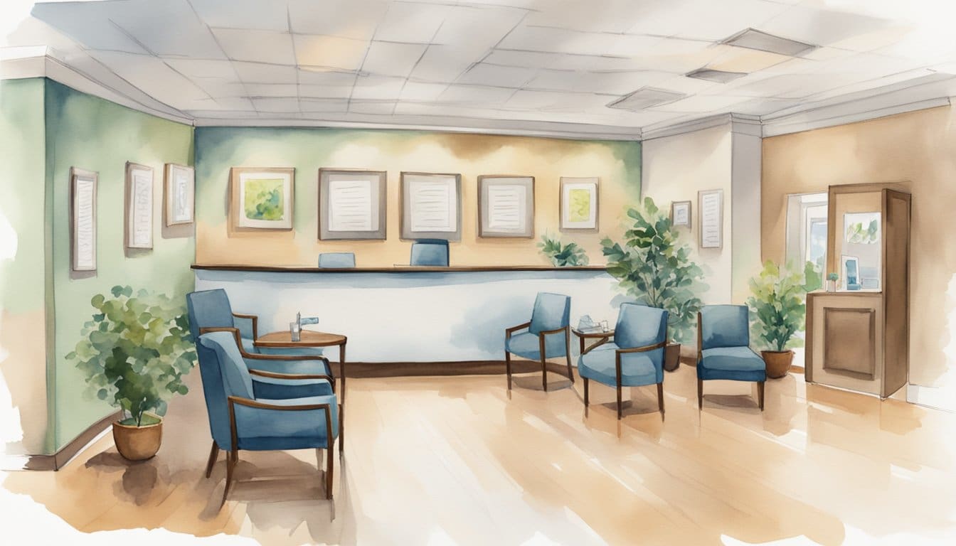 A bustling waiting room with a reception desk, chairs, and a wall display of the top 5 chiropractors in Newmarket