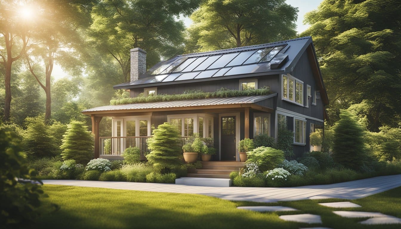 A cozy home with new siding, surrounded by lush greenery and bright sunshine, showcasing energy-efficient features