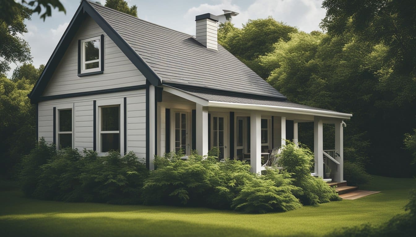 A cozy home with new siding, shielded from rain and wind, surrounded by lush greenery and clear skies