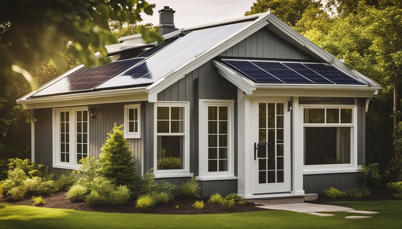 A cozy suburban home with new siding, surrounded by lush greenery. Solar panels on the roof and efficient windows contribute to the energy-saving features