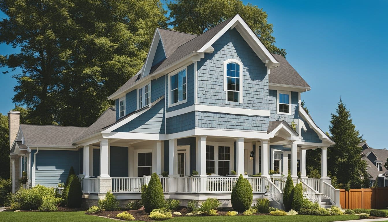 A suburban home with freshly installed siding, surrounded by well-maintained landscaping and a clear blue sky