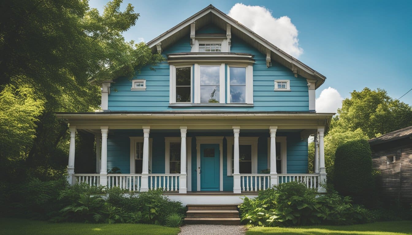 A house with old, weathered siding, surrounded by lush greenery and a clear blue sky, showcasing the need for new, durable siding