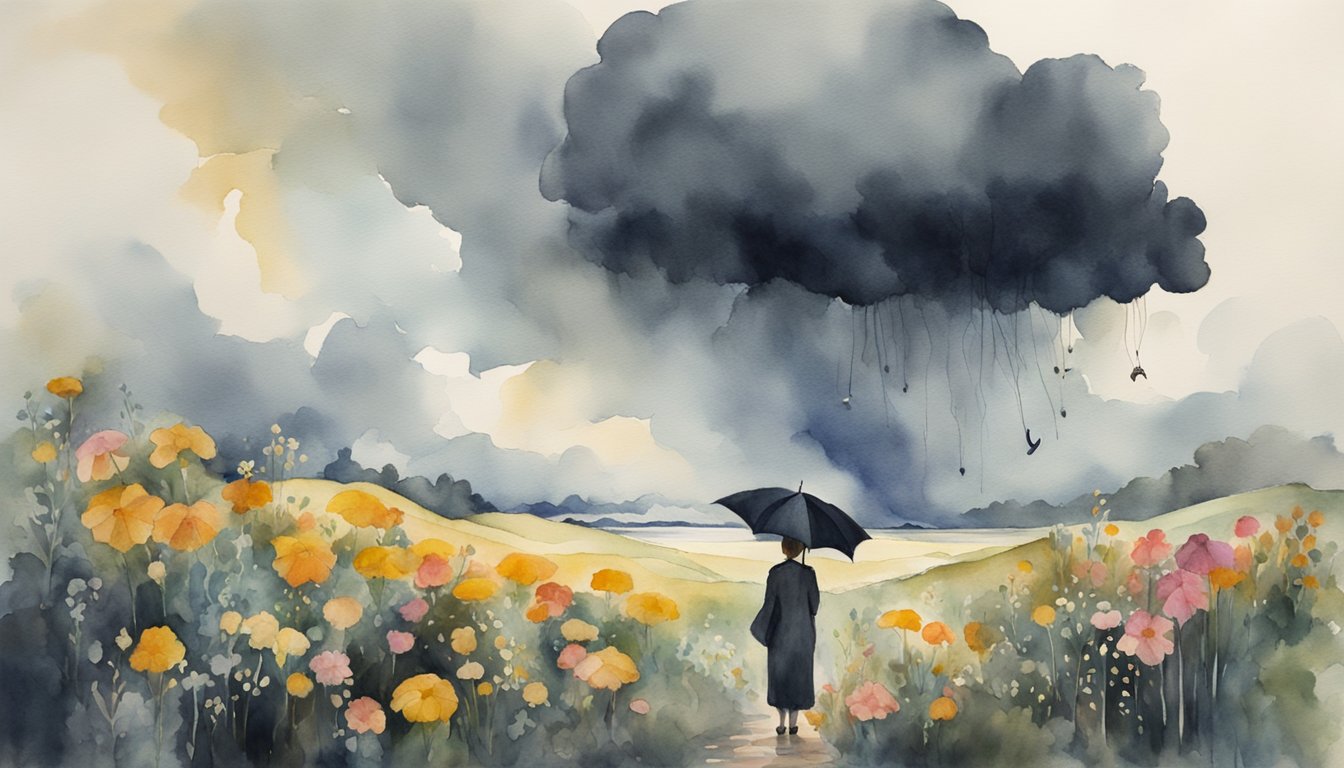 A dark storm cloud hovering over a figure, with drooping flowers and wilting plants surrounding them. A broken umbrella lies on the ground