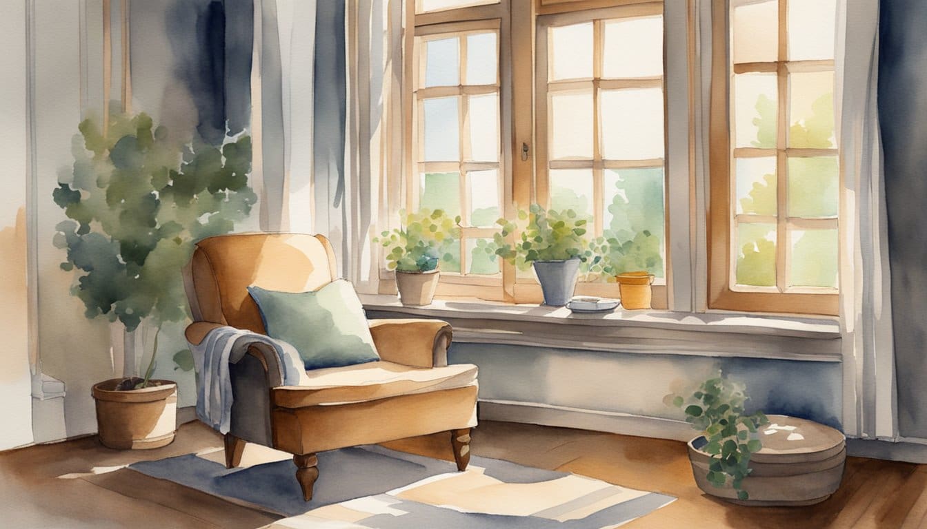 A serene, dimly lit room with a comfortable chair and a cozy rug. Soft music plays in the background as sunlight filters through the window, creating a peaceful atmosphere