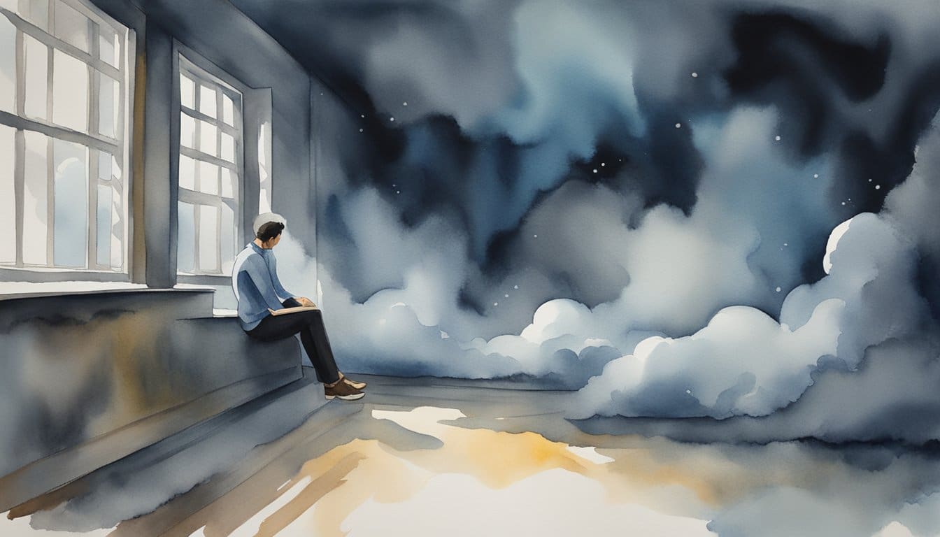 A person sitting alone in a dark room, surrounded by swirling clouds of anxiety. Their body language reflects feelings of being overwhelmed and distressed