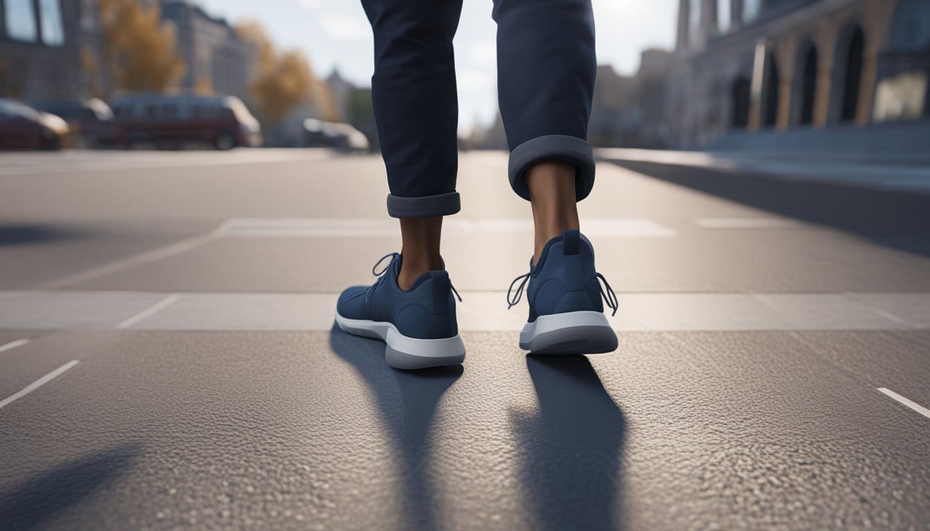 A person walking confidently in London, Ontario wearing proper footwear and orthotics, surrounded by supportive and comfortable shoes