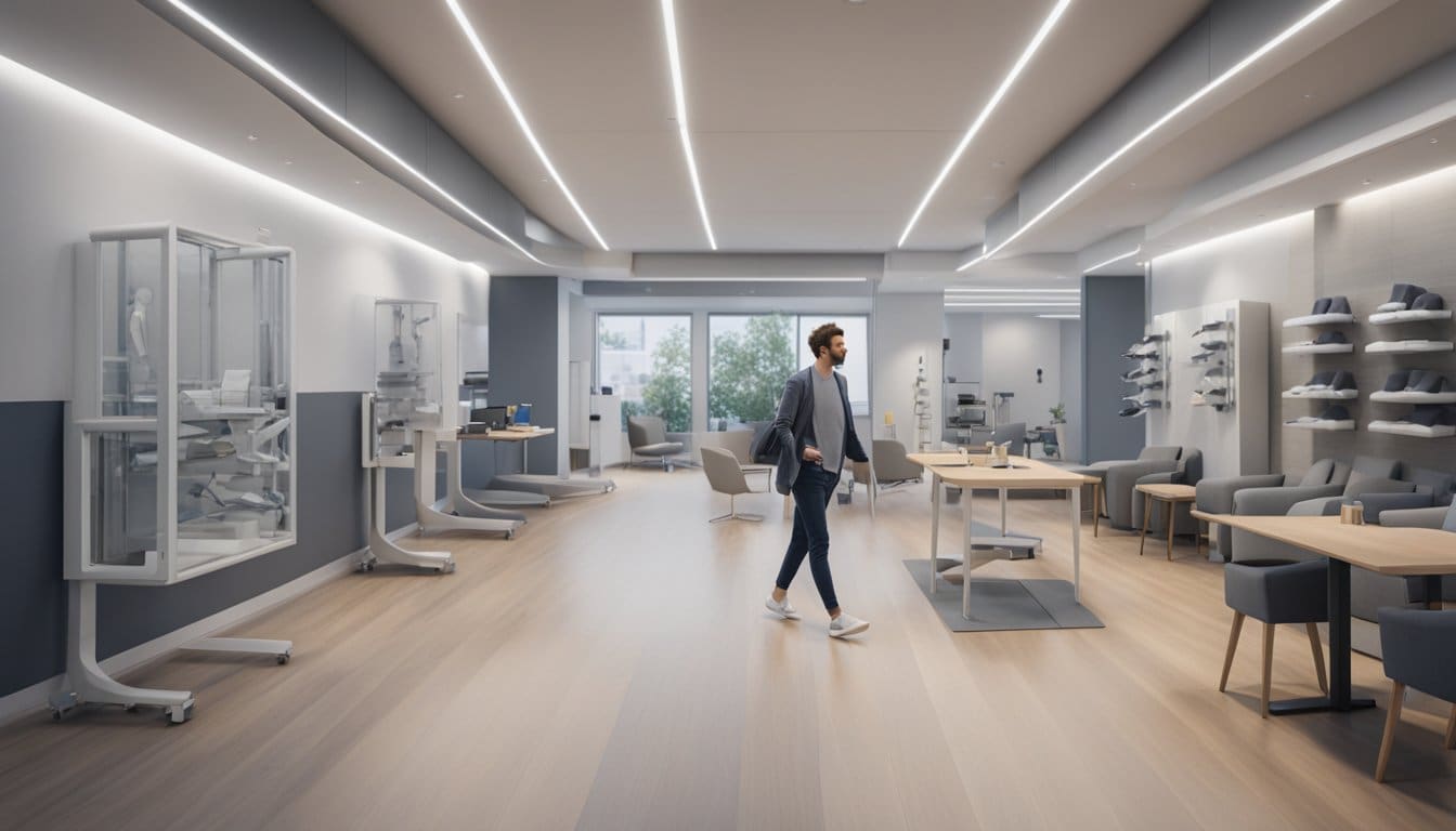 A person walking comfortably with the support of orthotic shoes, surrounded by a variety of orthotic devices and equipment in a modern clinic in London, Ontario