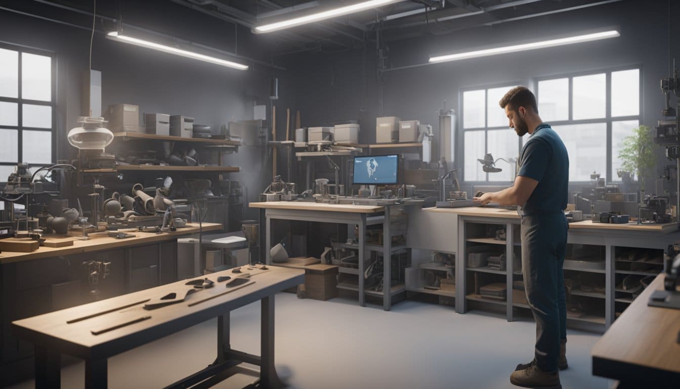 A technician molds and shapes custom orthotics in a workshop filled with specialized equipment and materials