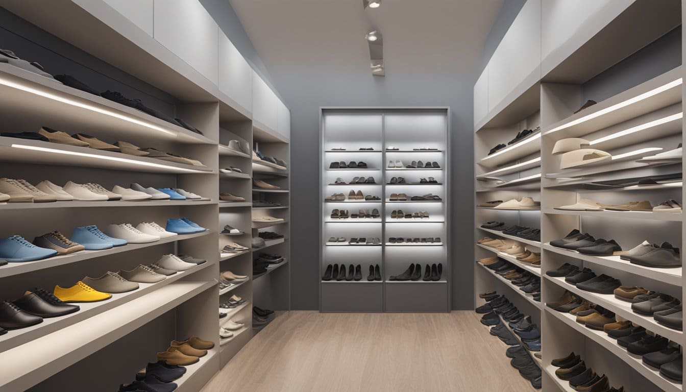 A certified pedorthist in London, Ontario carefully examines and selects orthotics for a client's footwear, surrounded by shelves of orthotic options