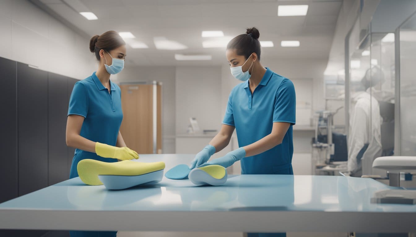 A pair of orthotics being carefully cleaned and inspected by a professional in a well-lit clinic in London, Ontario