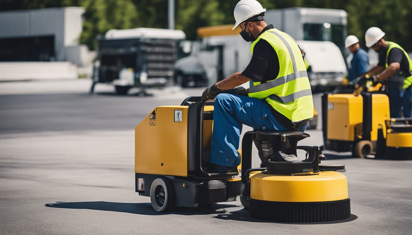 A crew applies sealcoating to a parking lot, with workers using rollers and sprayers to protect the asphalt and concrete surfaces from wear and tear