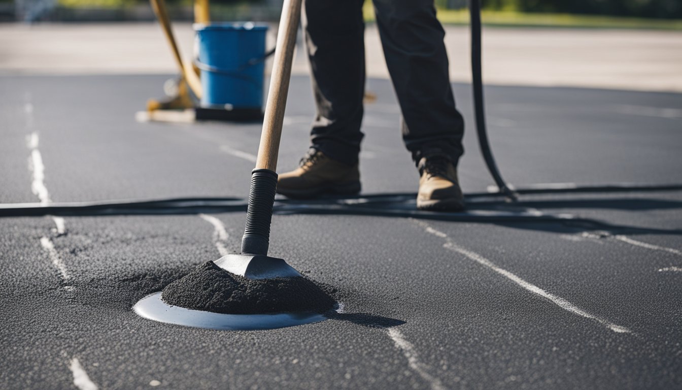 A crew applies asphalt and concrete sealant to fill cracks and repair a worn parking lot