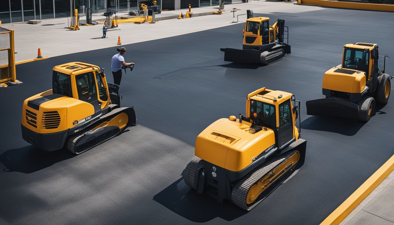 A parking lot being sealed with asphalt and concrete, with workers and equipment present