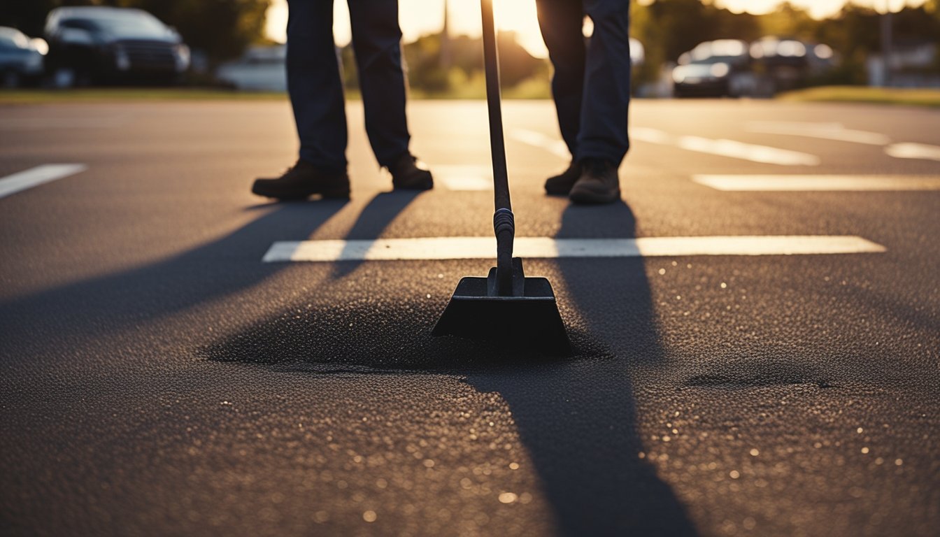 A crew applies asphalt and concrete sealant to a worn parking lot, extending its lifespan. The sun sets in the background, casting a warm glow over the scene