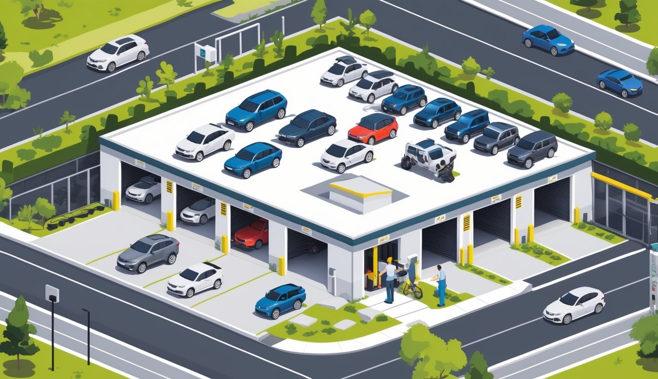 Exterior view of a vehicle storage facility with multiple cars parked in 2026