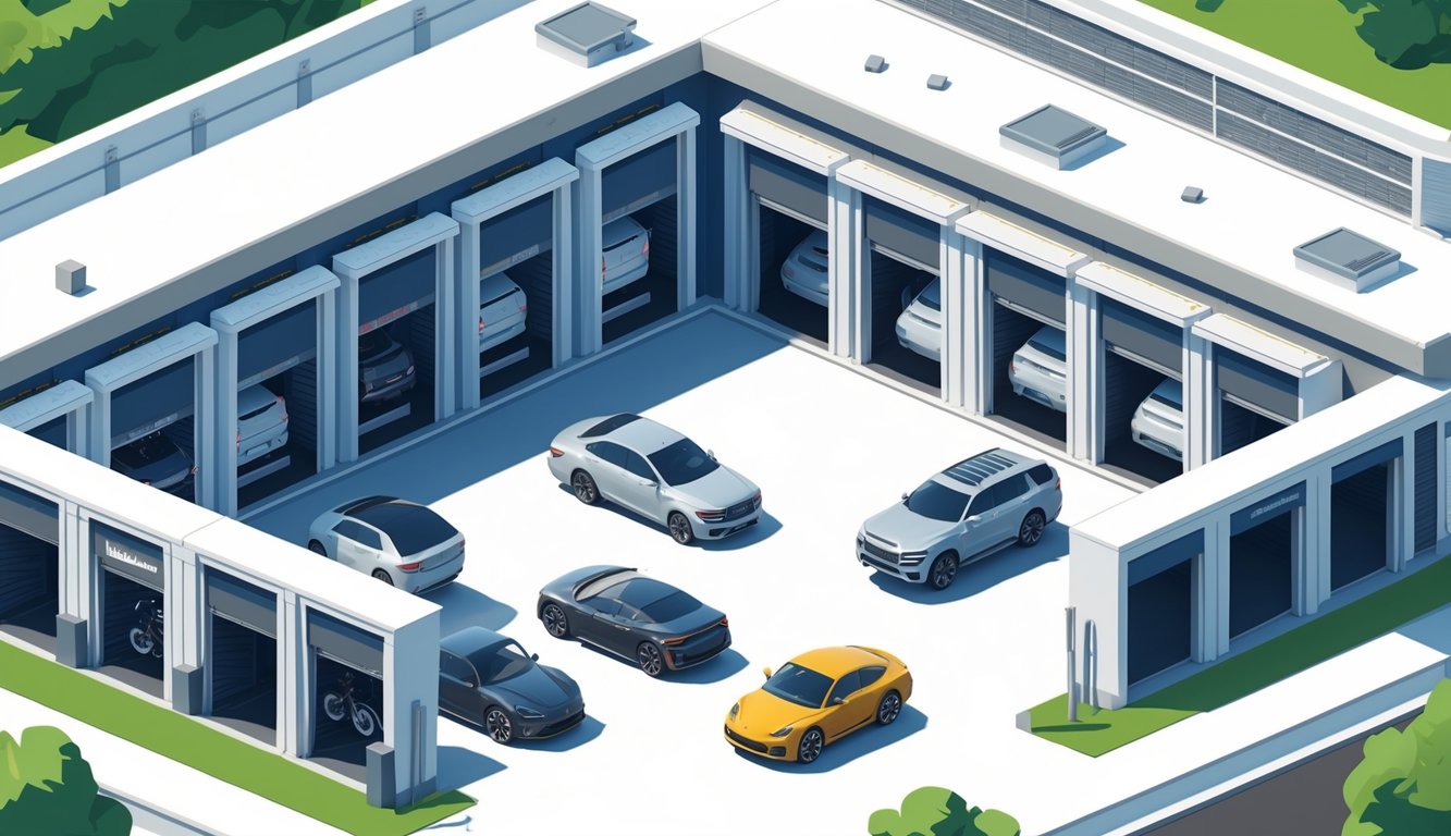 An isometric view of a vehicle storage facility with multiple climate-controlled units protecting various vehicles like cars and motorcycles.