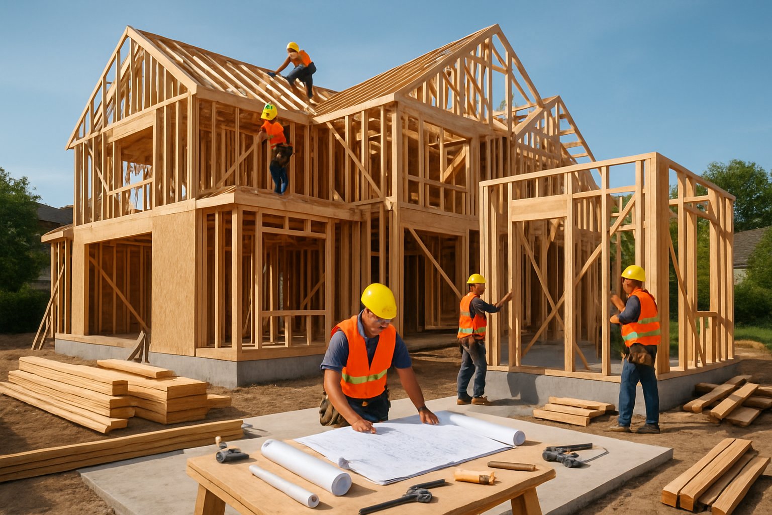 A construction team working on a partially built modern house at a residential building site.
