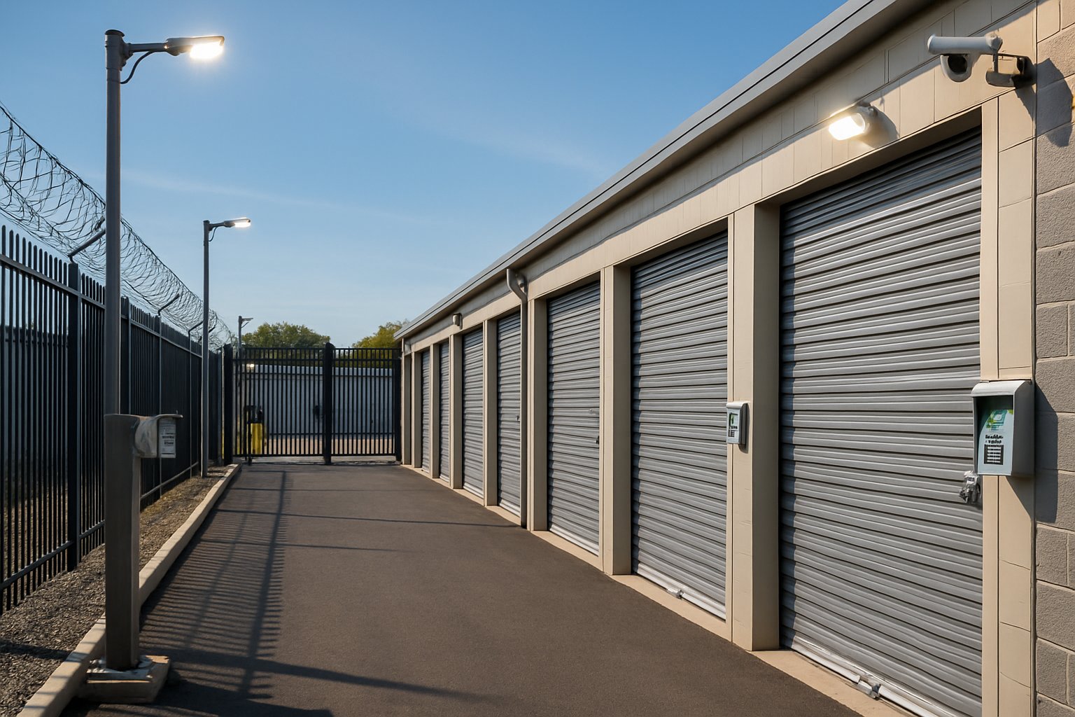 A modern self storage facility with secure metal doors, electronic keypad locks, security cameras, bright lighting, and a tall fence topped with barbed wire.
