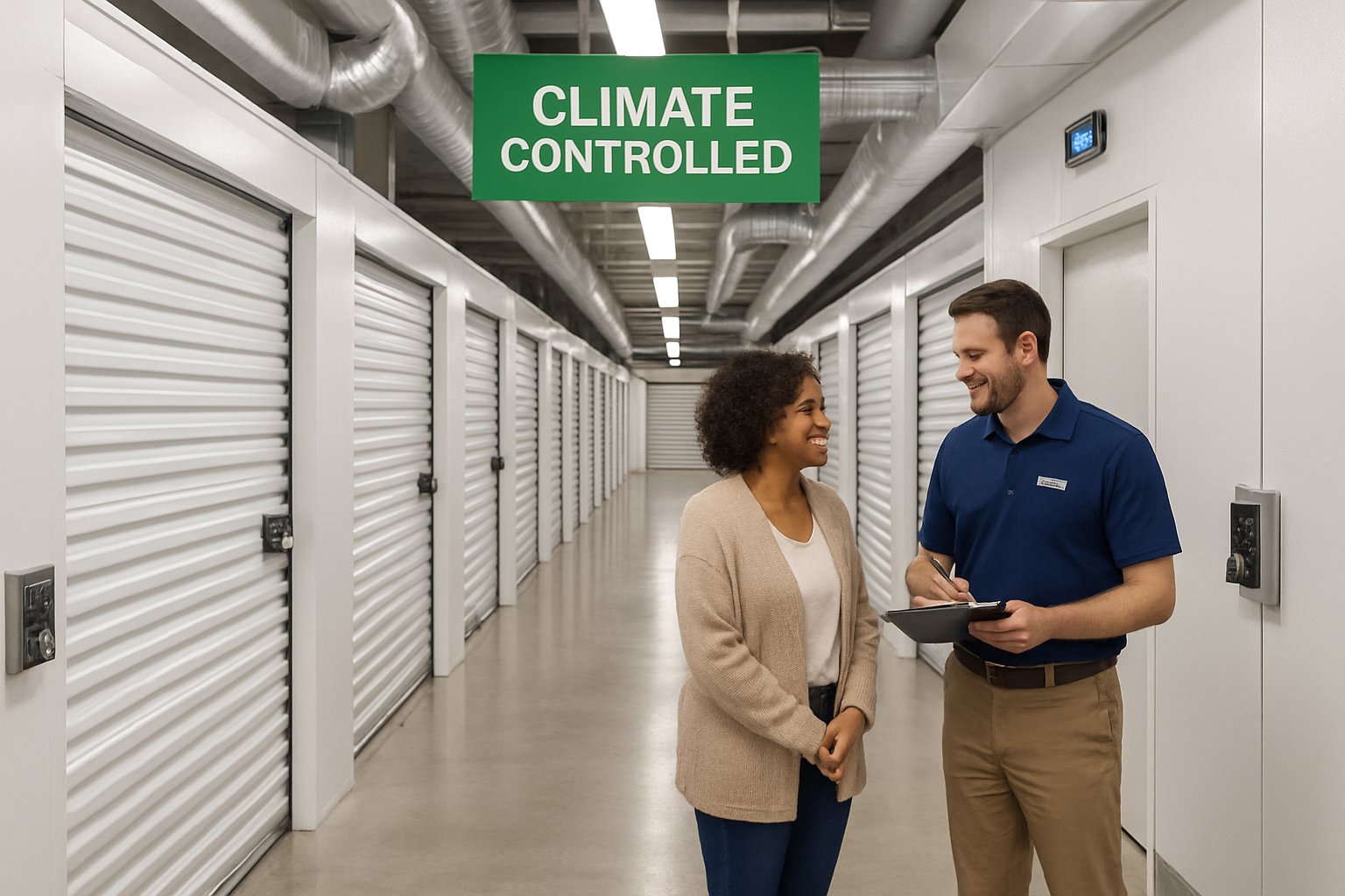 Indoor self storage facility with rows of secure storage units and a staff member assisting a customer.