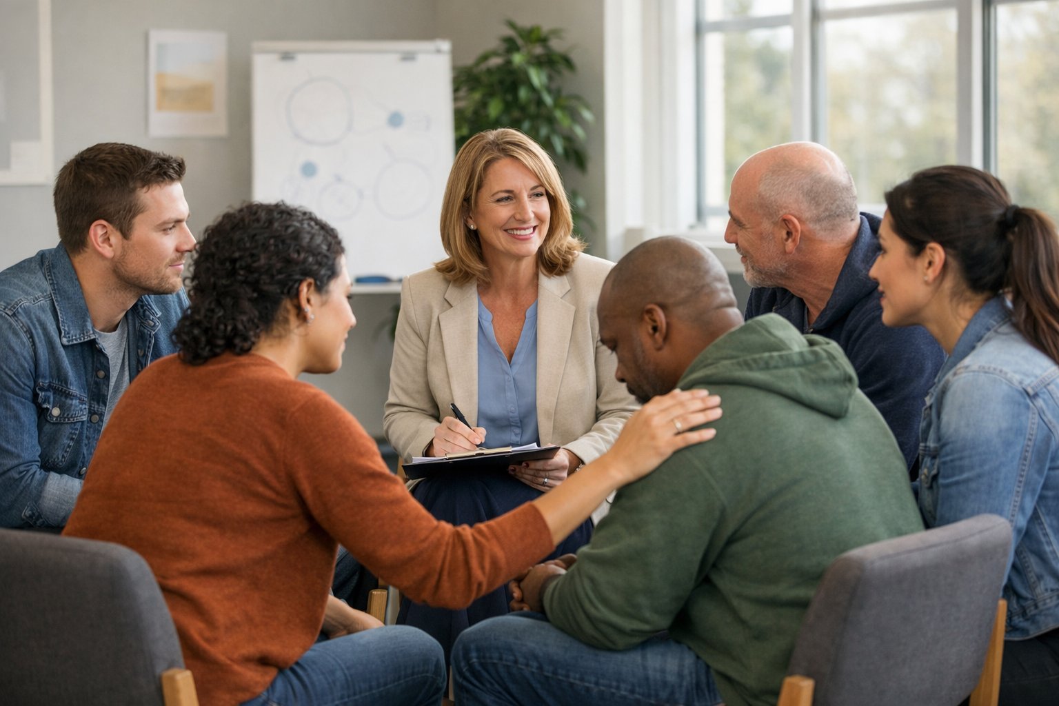 A group of adults sitting in a circle in a therapy room, engaged in a supportive discussion led by a therapist.