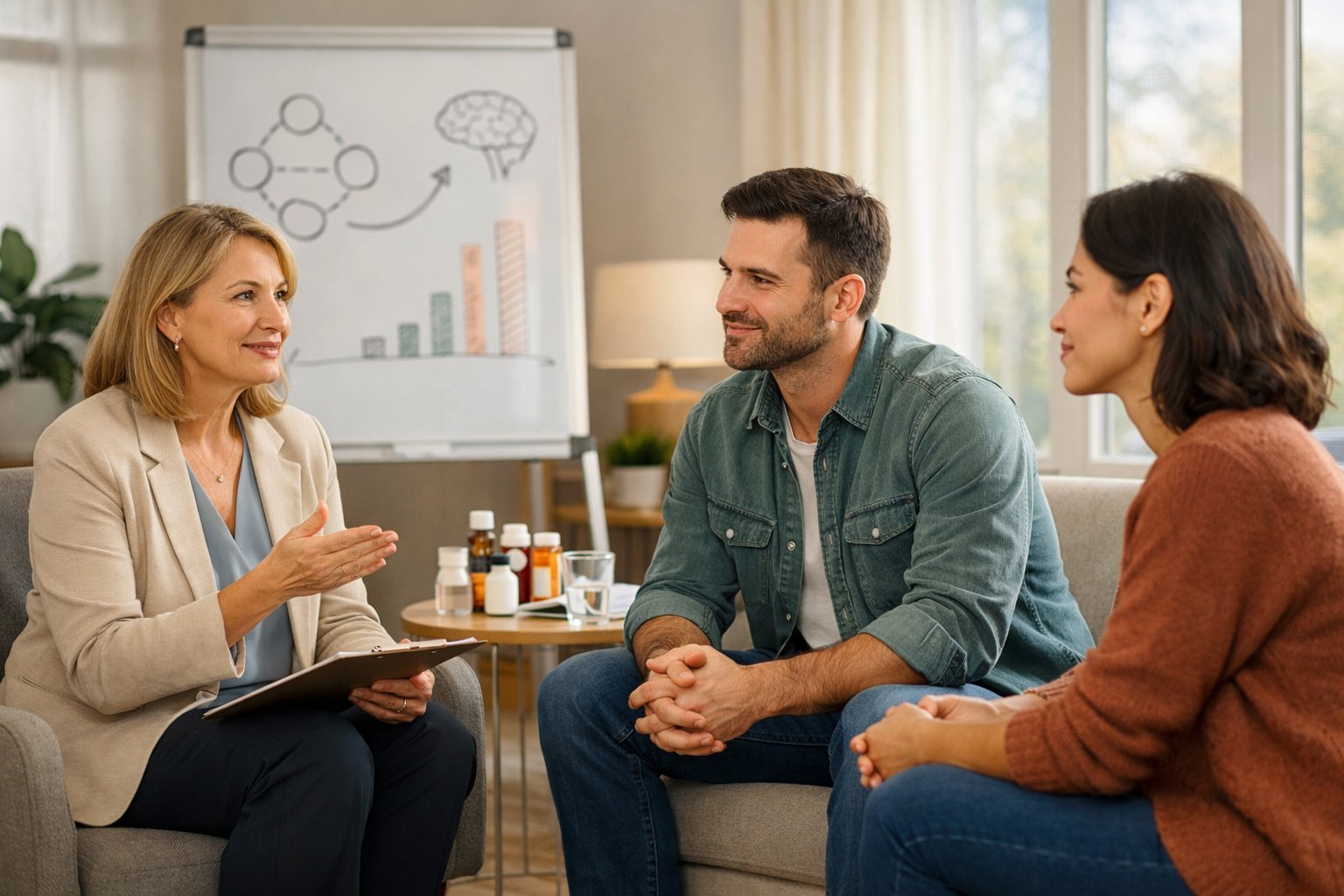 A therapist and two patients engaged in a supportive counseling session in a bright, welcoming therapy room.