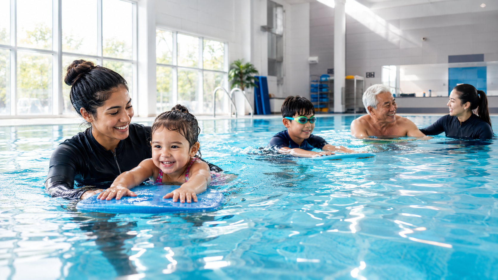 Group swimming lessons in a pool for different age groups in Mississauga and the