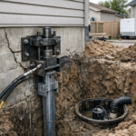 Hydraulic foundation pier beside cracked concrete and an excavated drainage pit