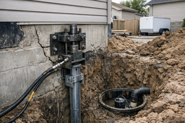 Hydraulic foundation pier beside cracked concrete and an excavated drainage pit